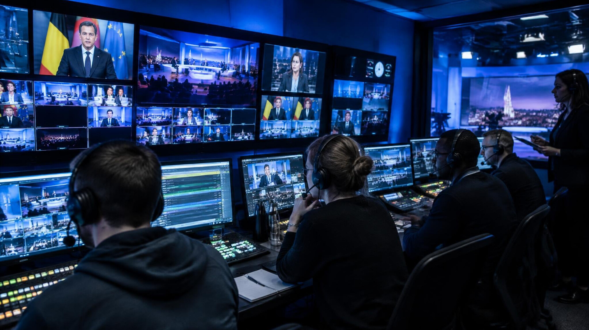TV-regiekamer tijdens een live-uitzending met schermen en technici